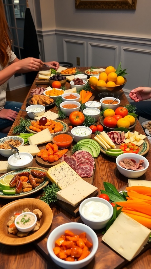 An appetizer table with cheeses, meats, vegetables, and dips for a party of 50, beautifully arranged.